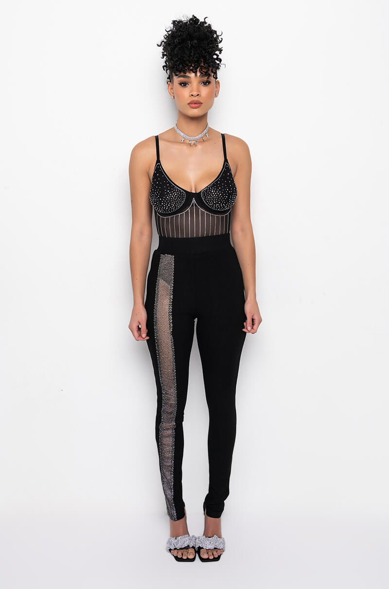Extra View Fashionably Late Rhinestone Mesh Bodysuit