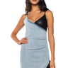 Front View Faux Leather And Denim Cross Front Tank Mini Dress