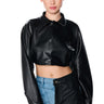 Front View Faux Leather Cropped Button Down Shirt