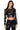 Front View Faux Leather Flower Detail Long Sleeve Mesh Top