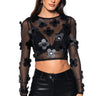 Front View Faux Leather Flower Detail Long Sleeve Mesh Top