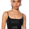 Front View Faux Leather Square Neck Bodysuit With 4 Way Stretch In Black