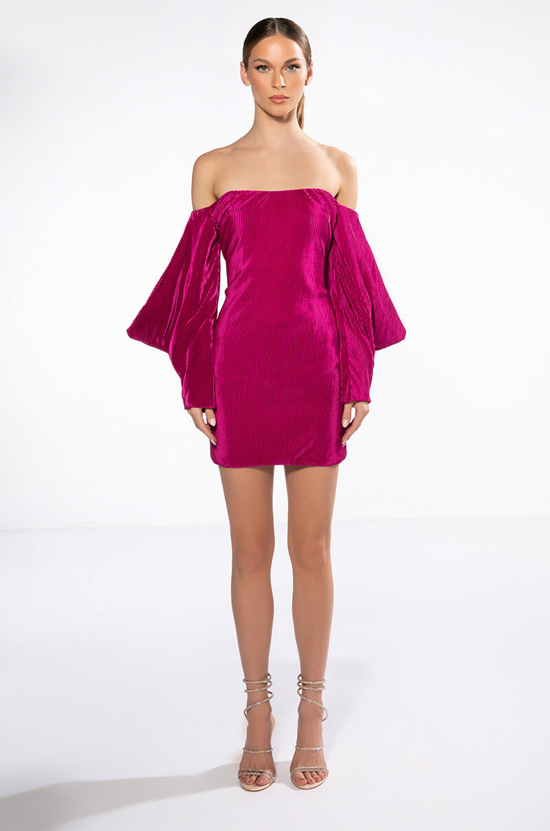 off the shoulder pleated mini dress FAYE OFF THE SHOULDER PLEATED MINI DRESS – AKIRA