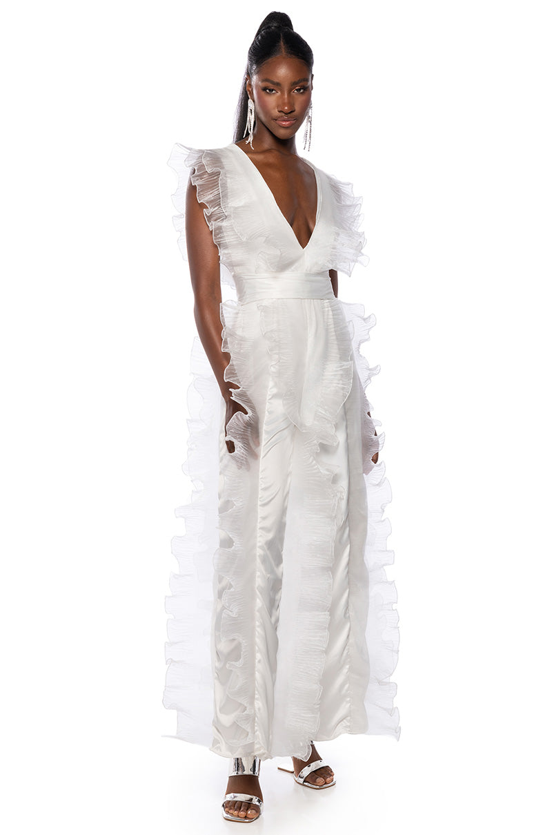 Front View Faye Ruffle Body Belted Satin Jumpsuit