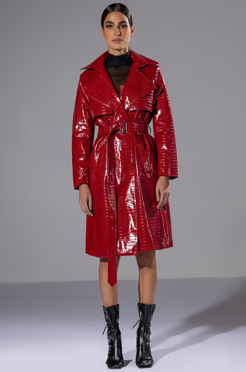 Back View Feeling Extra Bossy Red Croc Trench
