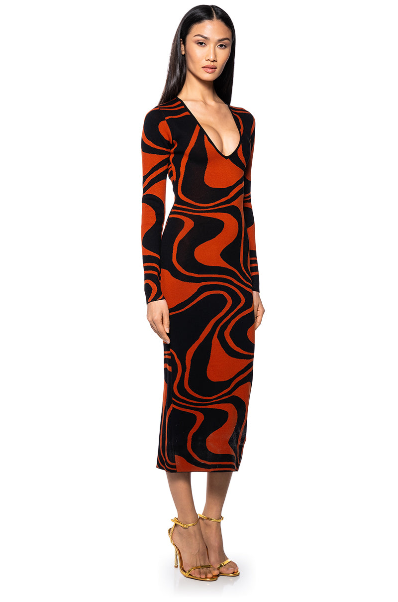 Side View Feeling Flirty Knit Midi Dress In Black Orange