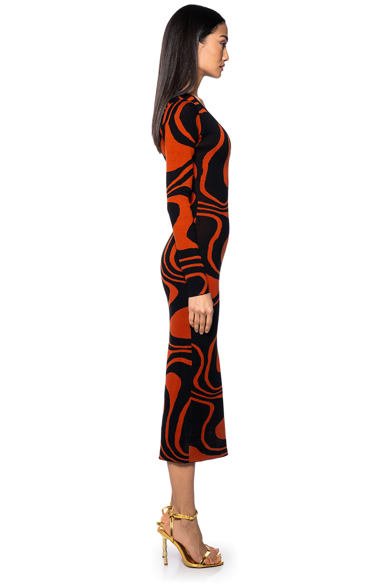 Back View Feeling Flirty Knit Midi Dress In Black Orange