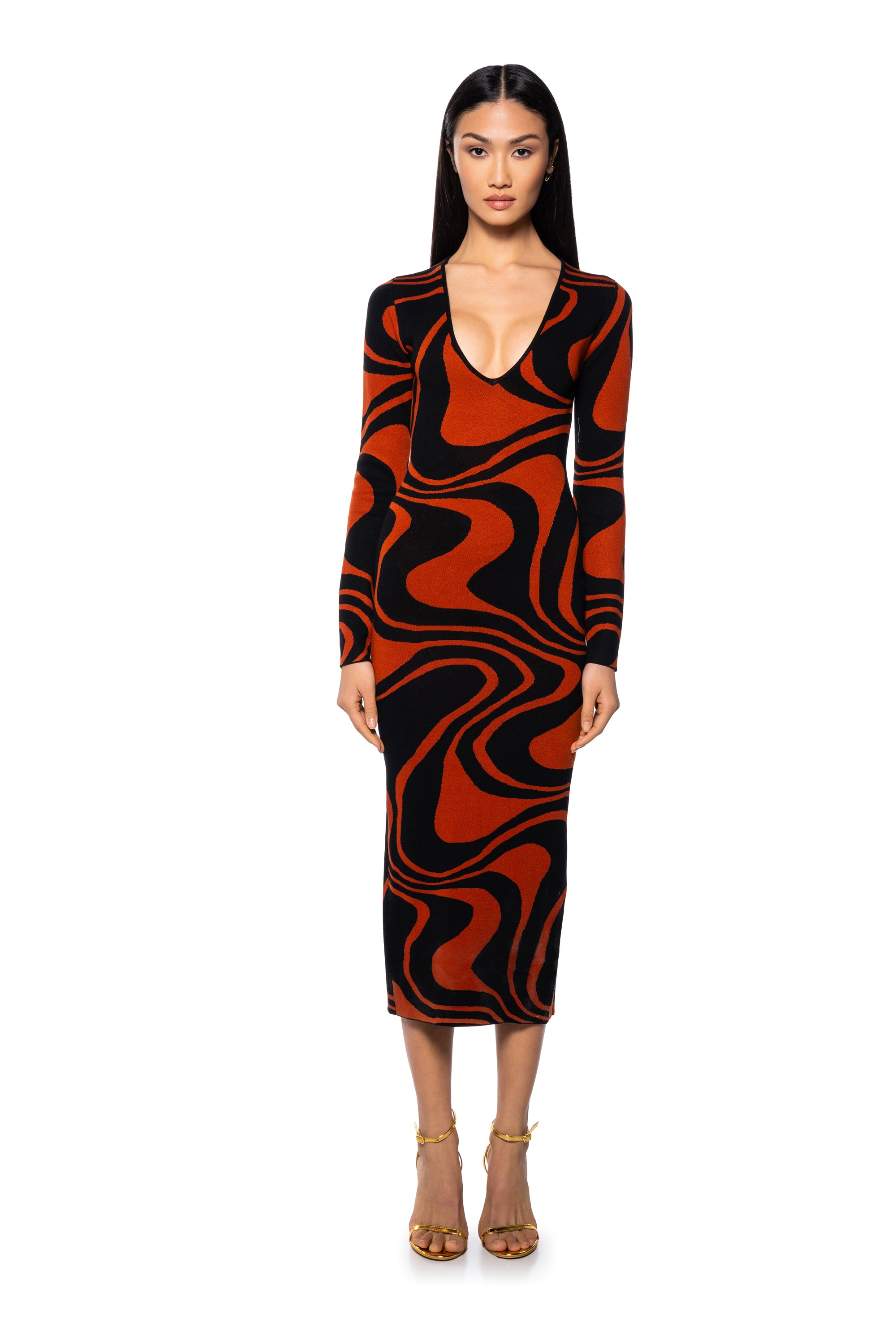 Extra View Feeling Flirty Knit Midi Dress In Black Orange