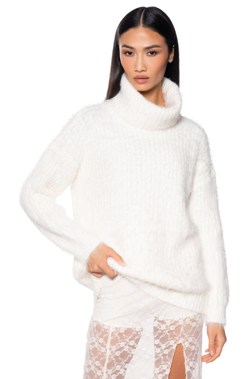 Front View Feeling Free Fuzzy Oversized Turtleneck Sweater 0