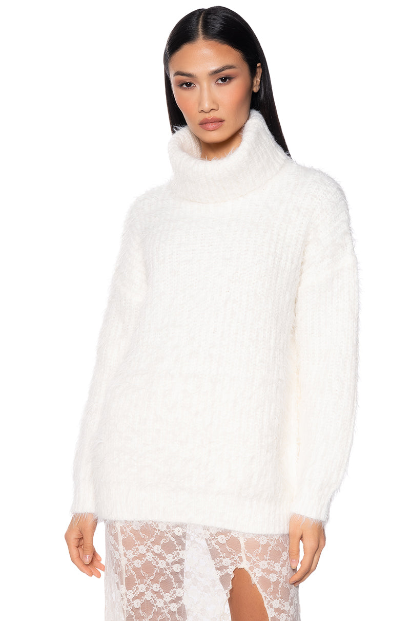 Side View Feeling Free Fuzzy Oversized Turtleneck Sweater 1