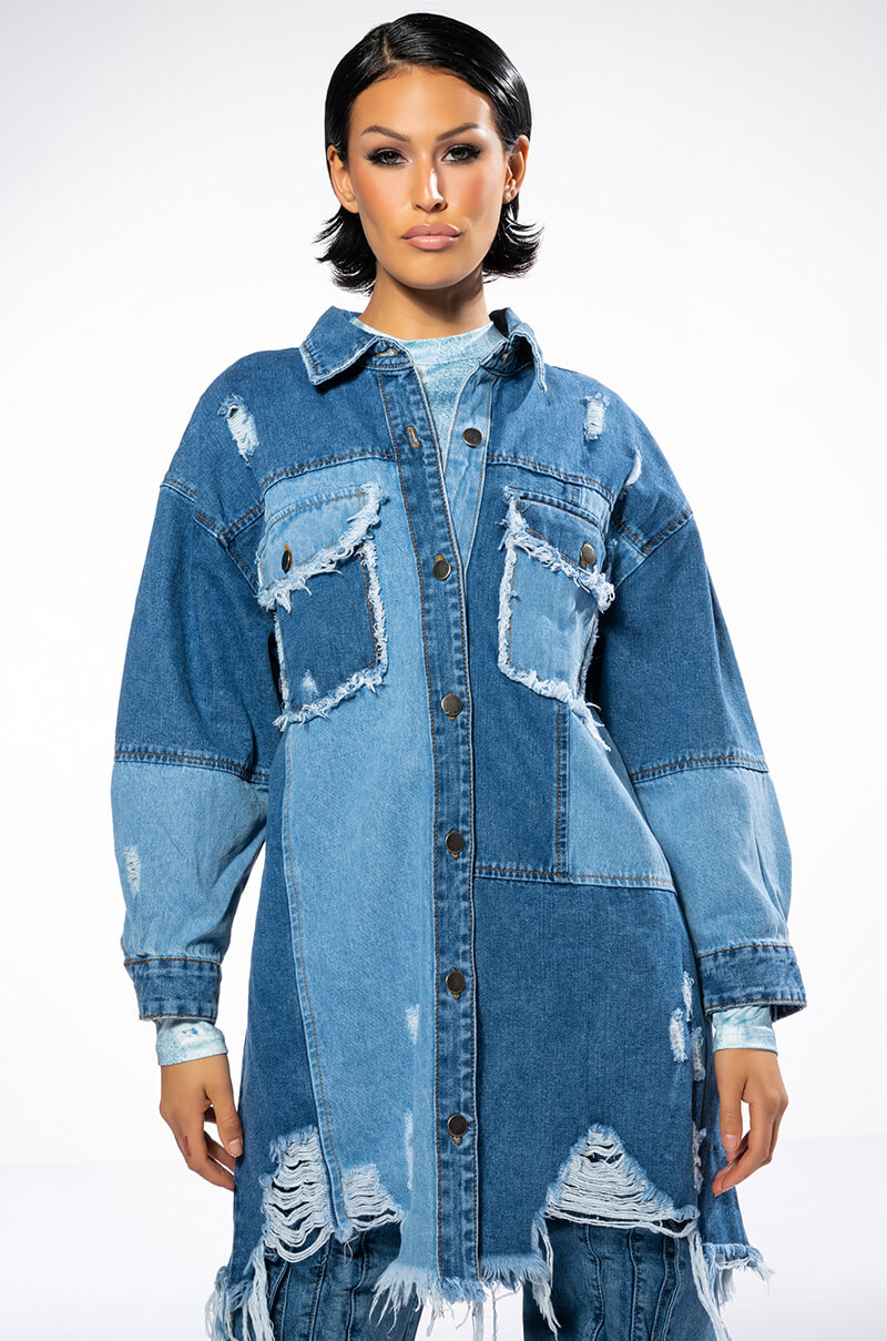 Front View Feeling Good Distressed Denim Mini Dress