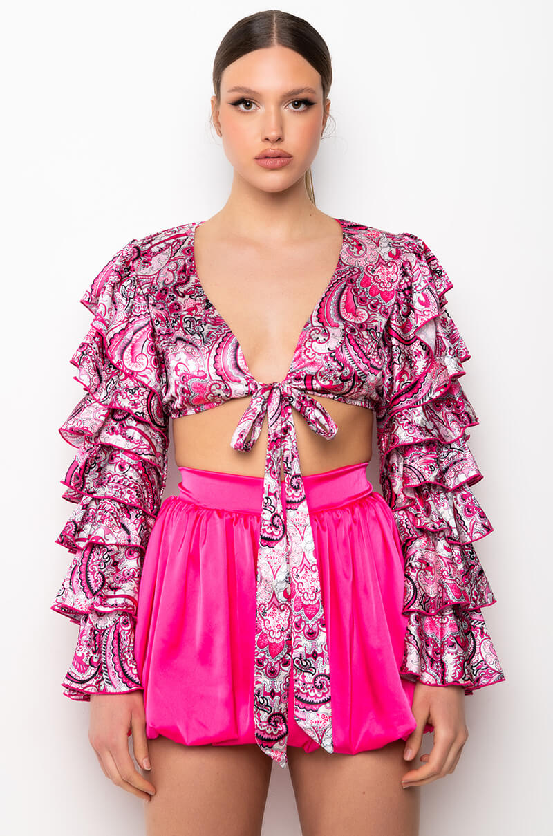 Detail View Feeling Groovy Tie Front Ruffle Sleeve Blouse