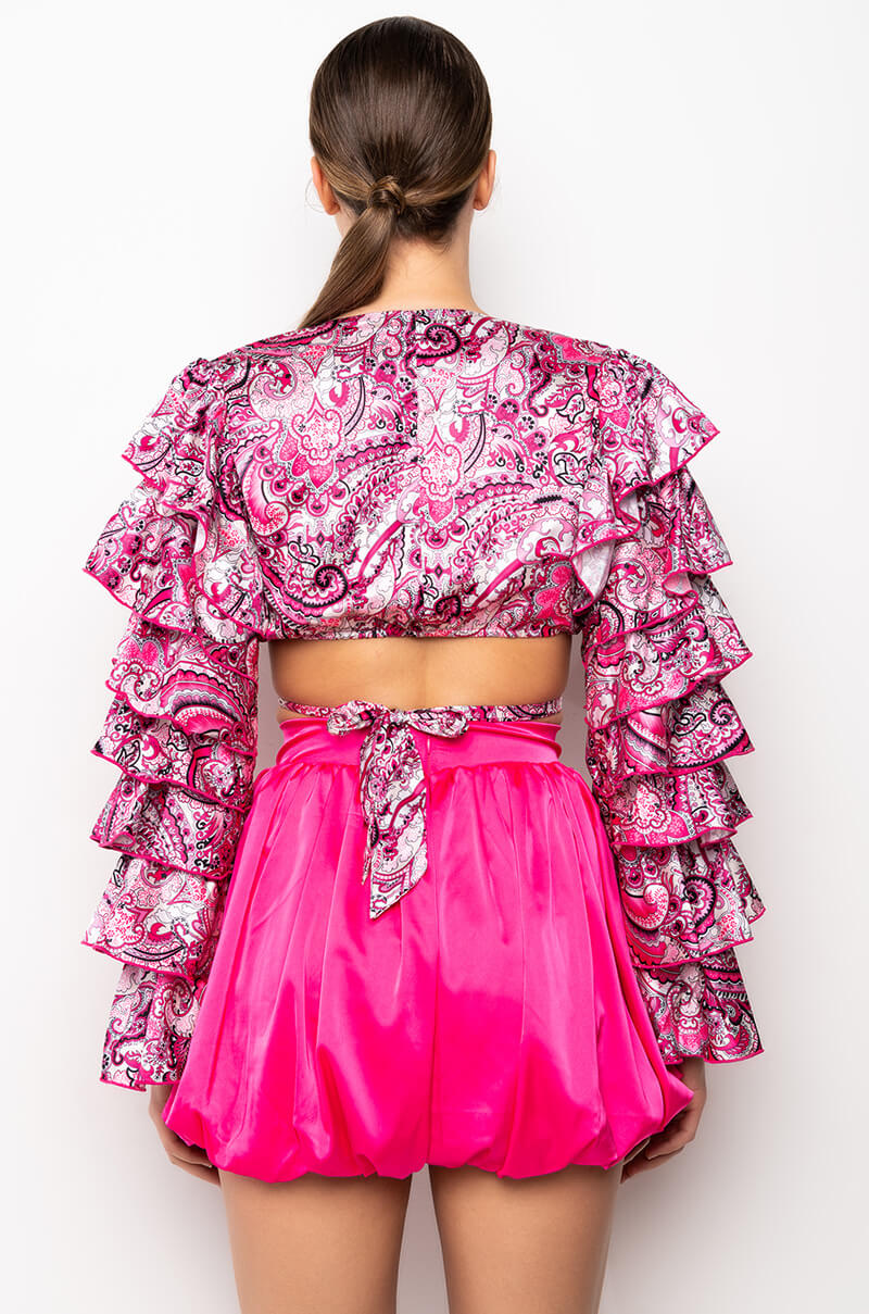 Extra View Feeling Groovy Tie Front Ruffle Sleeve Blouse