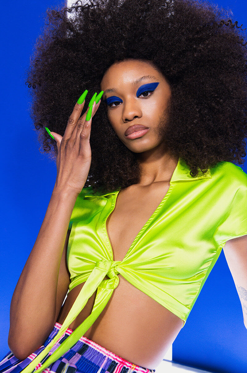 FEELING IT TIE FRONT SHORT SLEEVE SATIN BLOUSE view 0