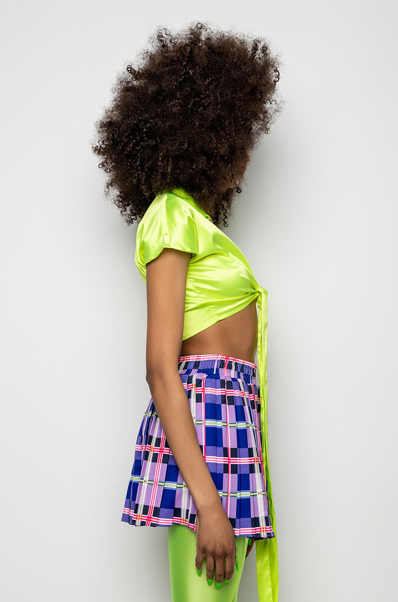 Extra View Feeling It Tie Front Short Sleeve Satin Blouse