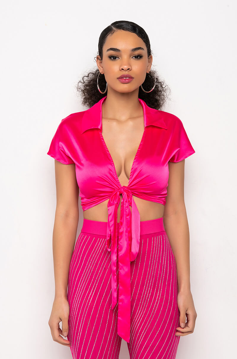 Back View Feeling It Tie Front Short Sleeve Satin Blouse