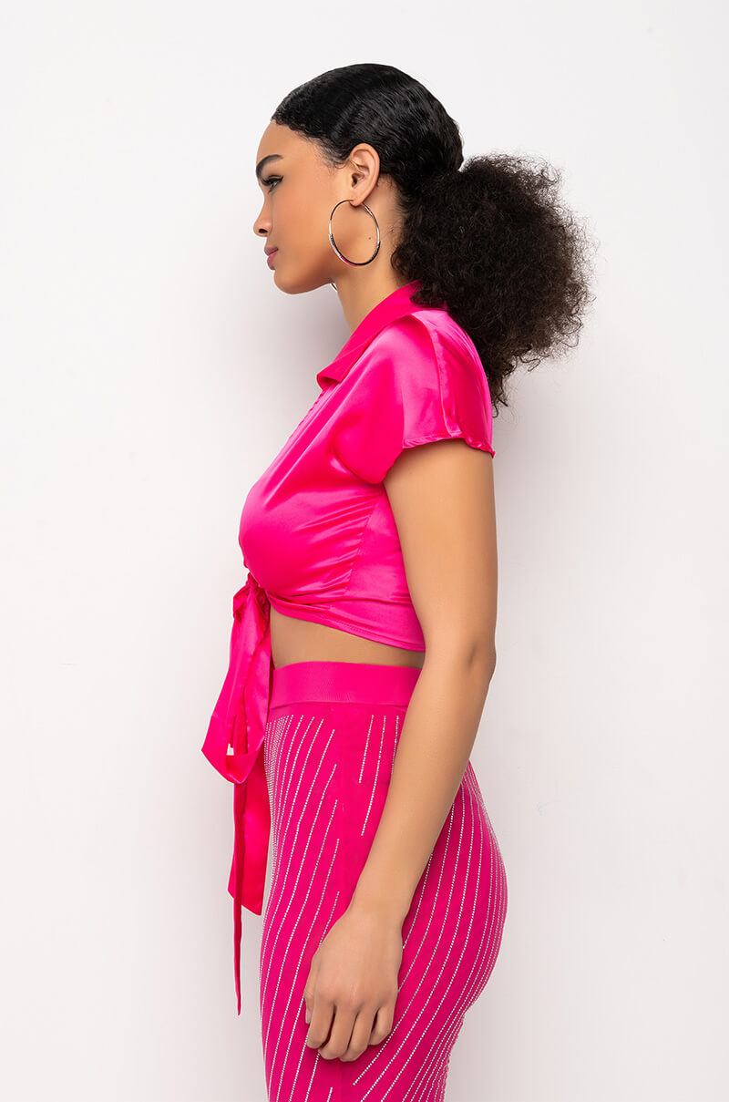 Detail View Feeling It Tie Front Short Sleeve Satin Blouse