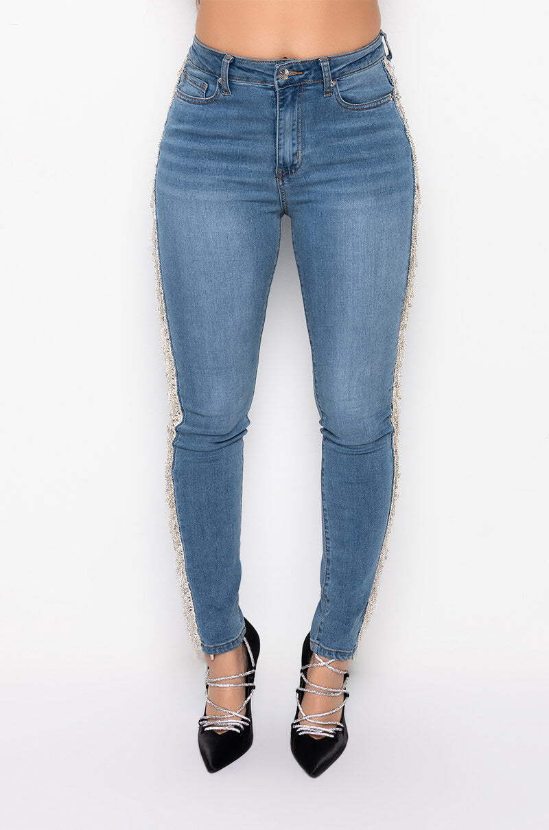 Back View Feeling Like A Star High Rise Rhinestone Skinny Jeans