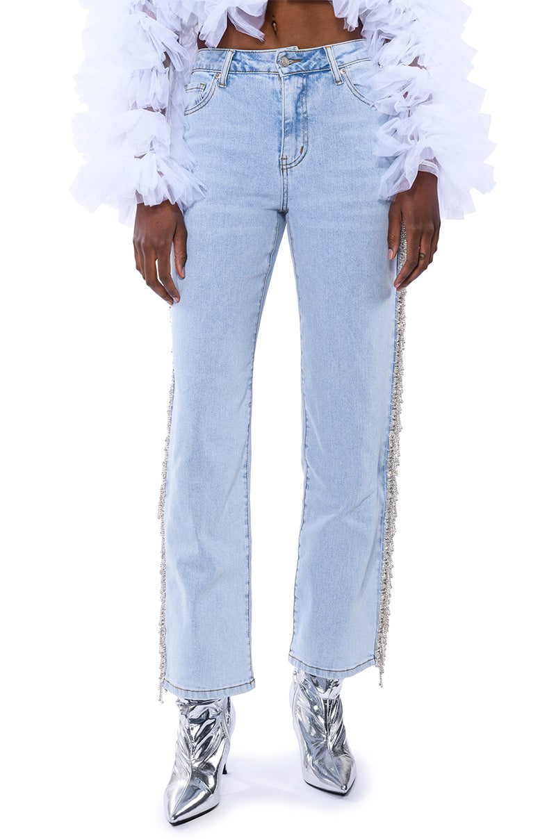 Detail View Feeling Like A Star Rhinestone Wide Leg Jeans