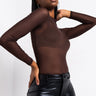 Front View Feeling Neutral Long Sleeve Mock Neck Mesh Bodysuit in Dark Brown