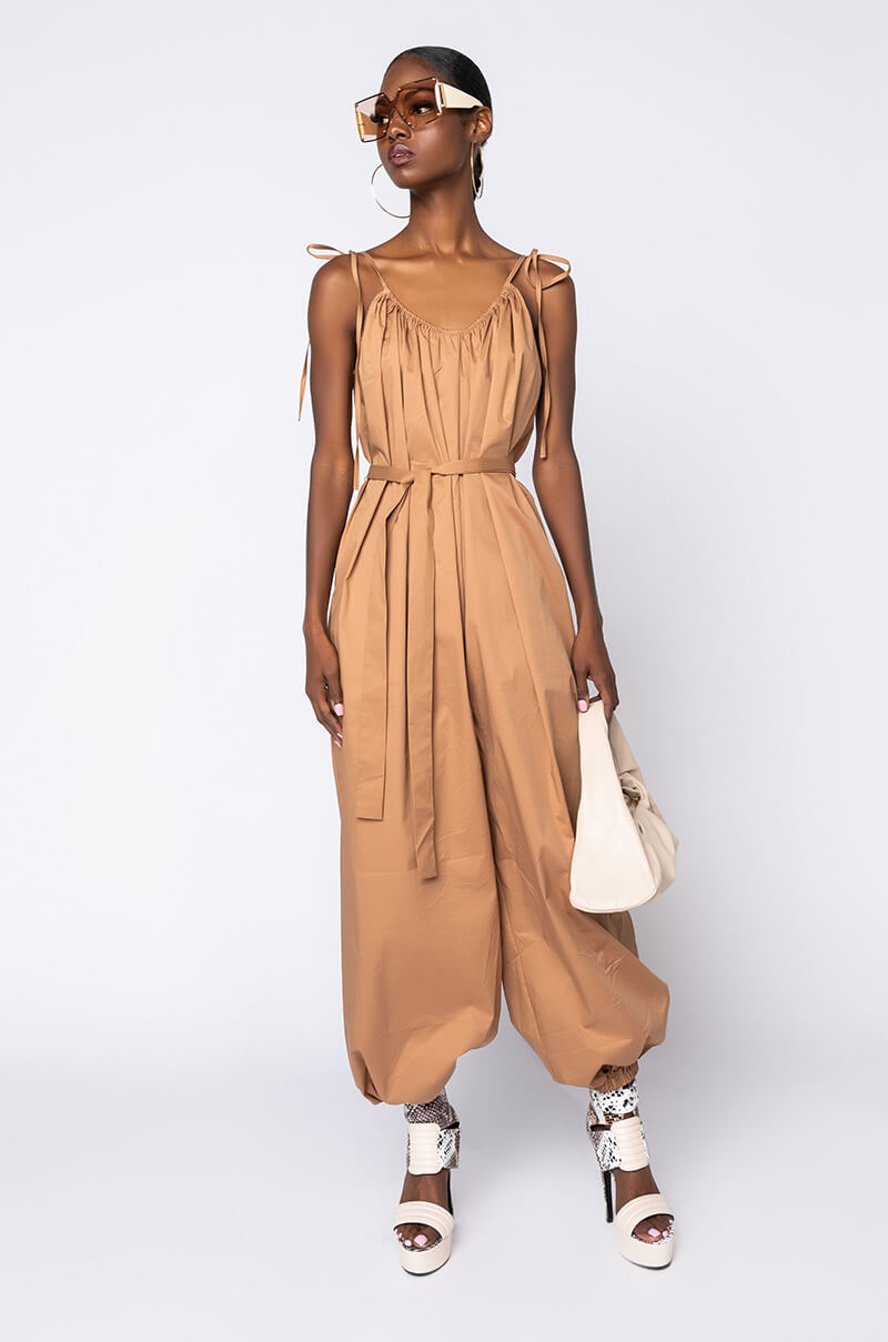 Back View Feeling Nice Jumpsuit With Tie in Nude