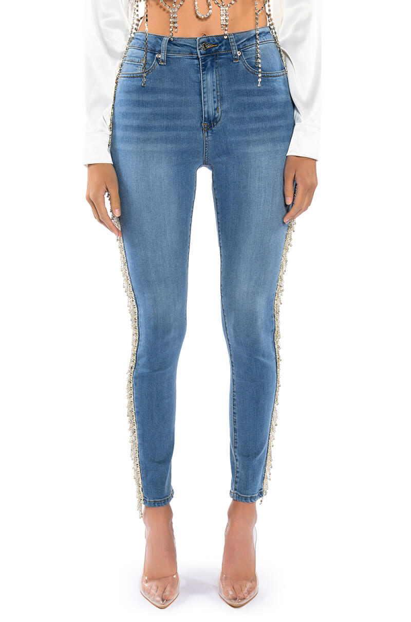 Front View Felling Like A Star High Rise Rhinestone Skinny Jeans