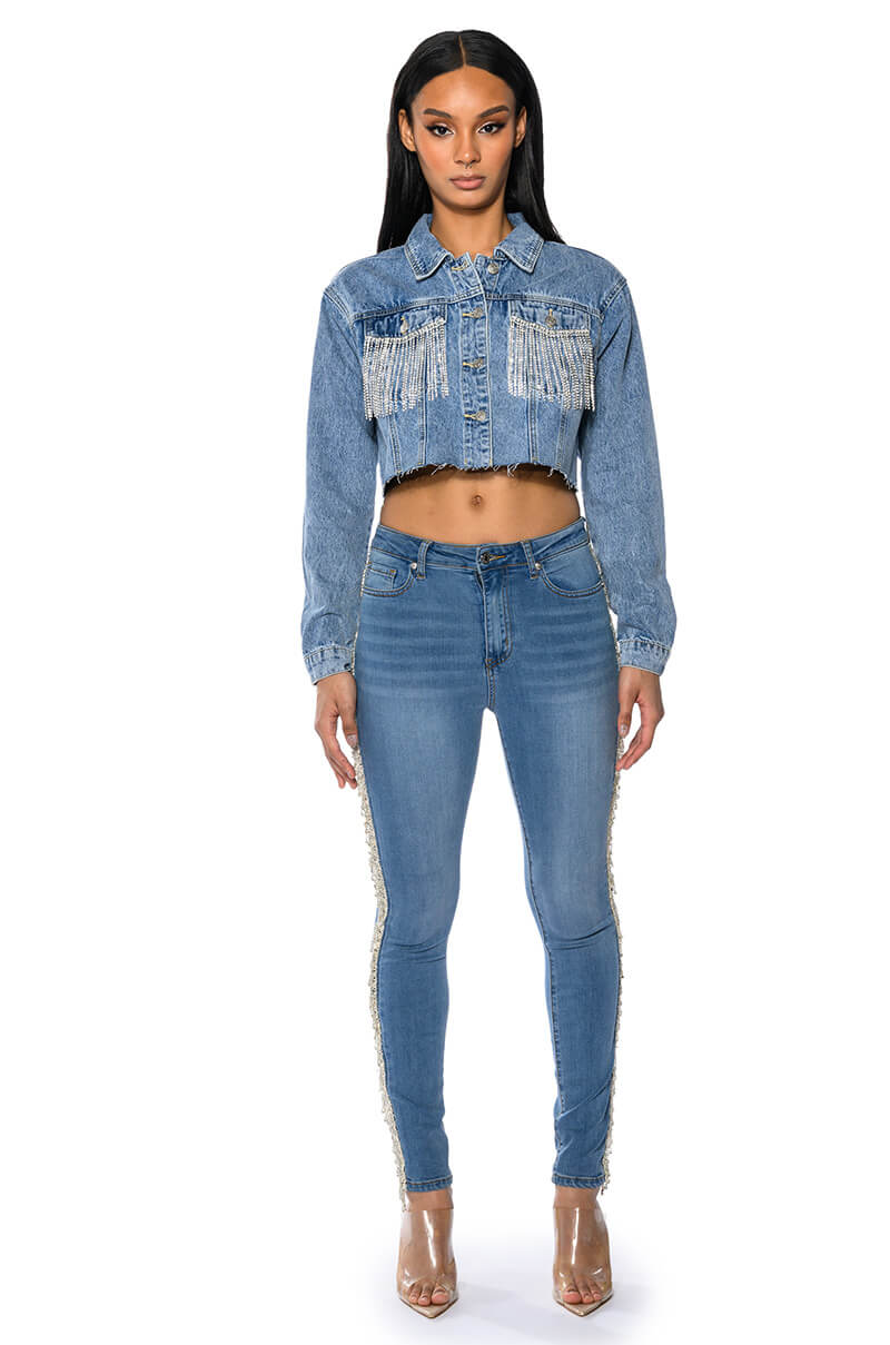 Side View Felling Like A Star High Rise Rhinestone Skinny Jeans