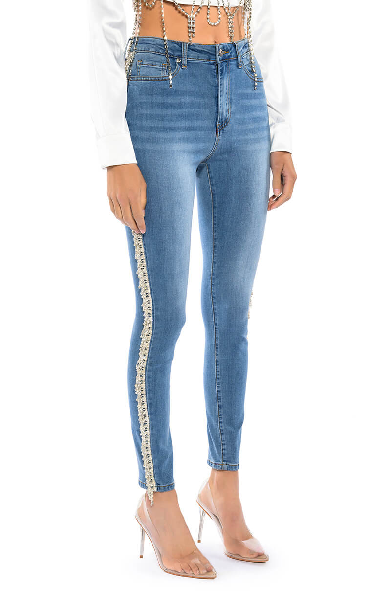 Side View Felling Like A Star High Rise Rhinestone Skinny Jeans