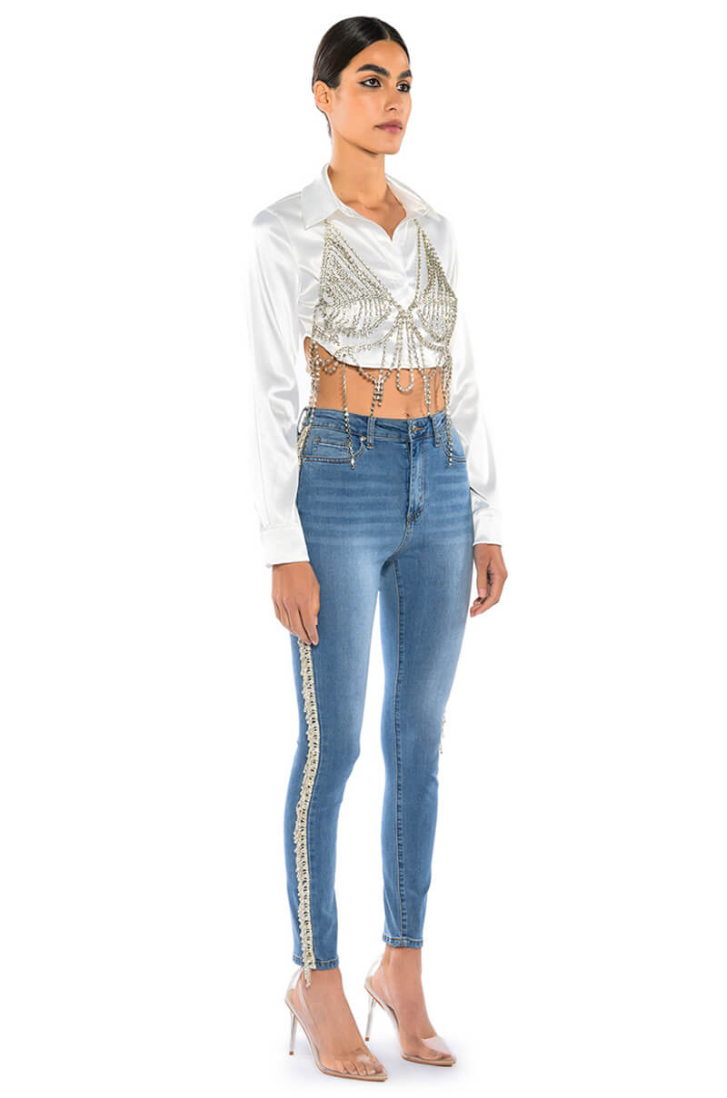 Side View Felling Like A Star High Rise Rhinestone Skinny Jeans