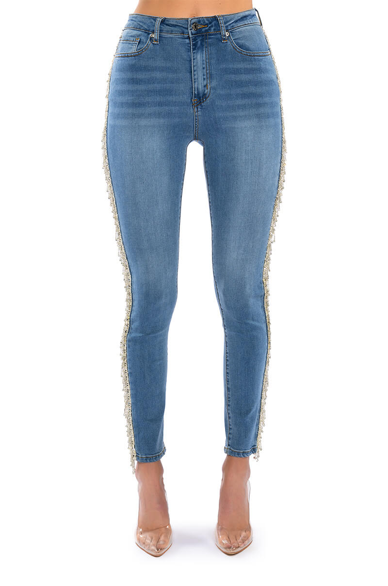 Back View Felling Like A Star High Rise Rhinestone Skinny Jeans