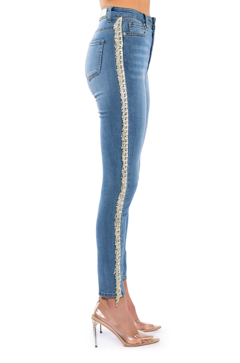 Detail View Felling Like A Star High Rise Rhinestone Skinny Jeans