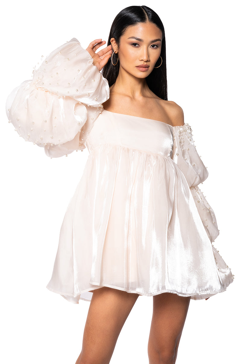 Front View Felt Cute Pearl Embellished Mini Dress 0