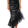 Front View Feminine Flare Tulle And Faux Leather Maxi Skirt