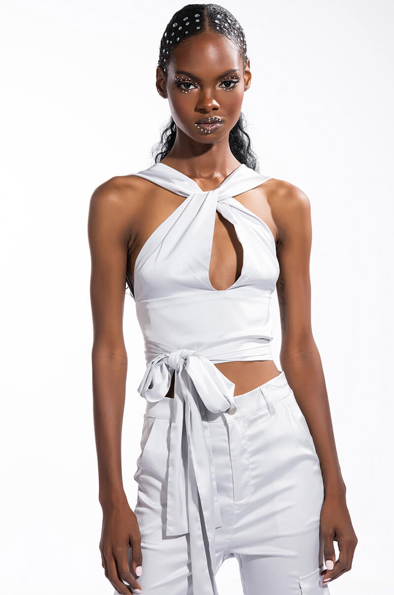 Front View Fiasco Satin Halter Crop Top