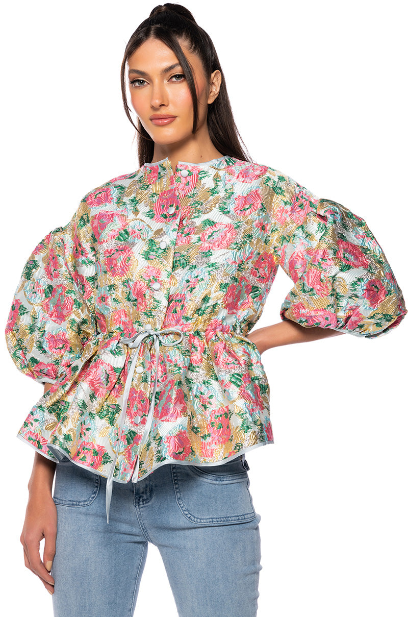 Front View Field Of Roses Brocade Blouse In Pink Multi