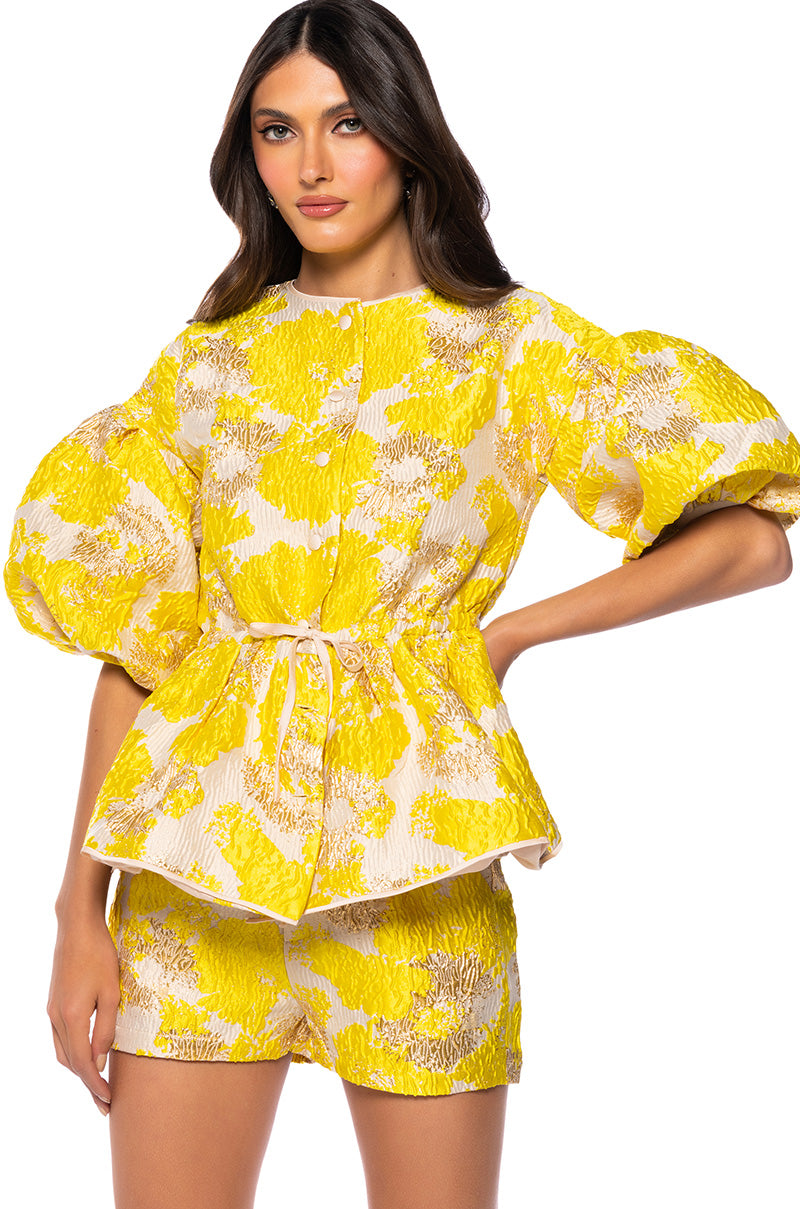 Front View Field Of Roses Short Sleeve Brocade Blouse In Yellow Multi
