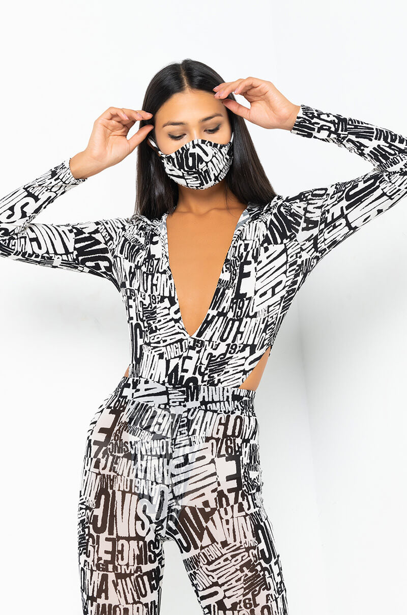 Front View Fine Af Printed Long Sleeve Bodysuit in Black