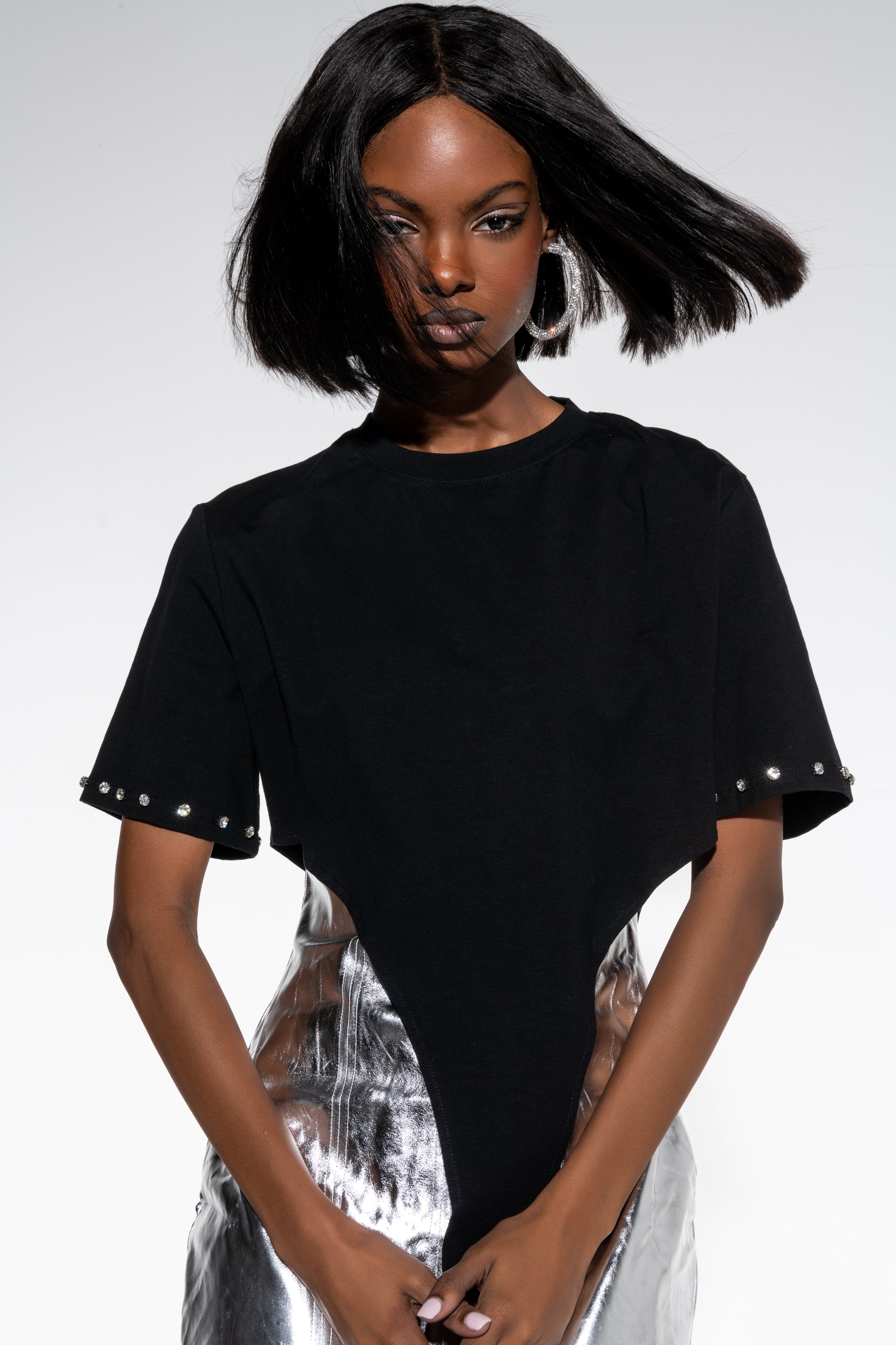 Front View Fired Up Embellished Sleeve Crew Neck T Shirt