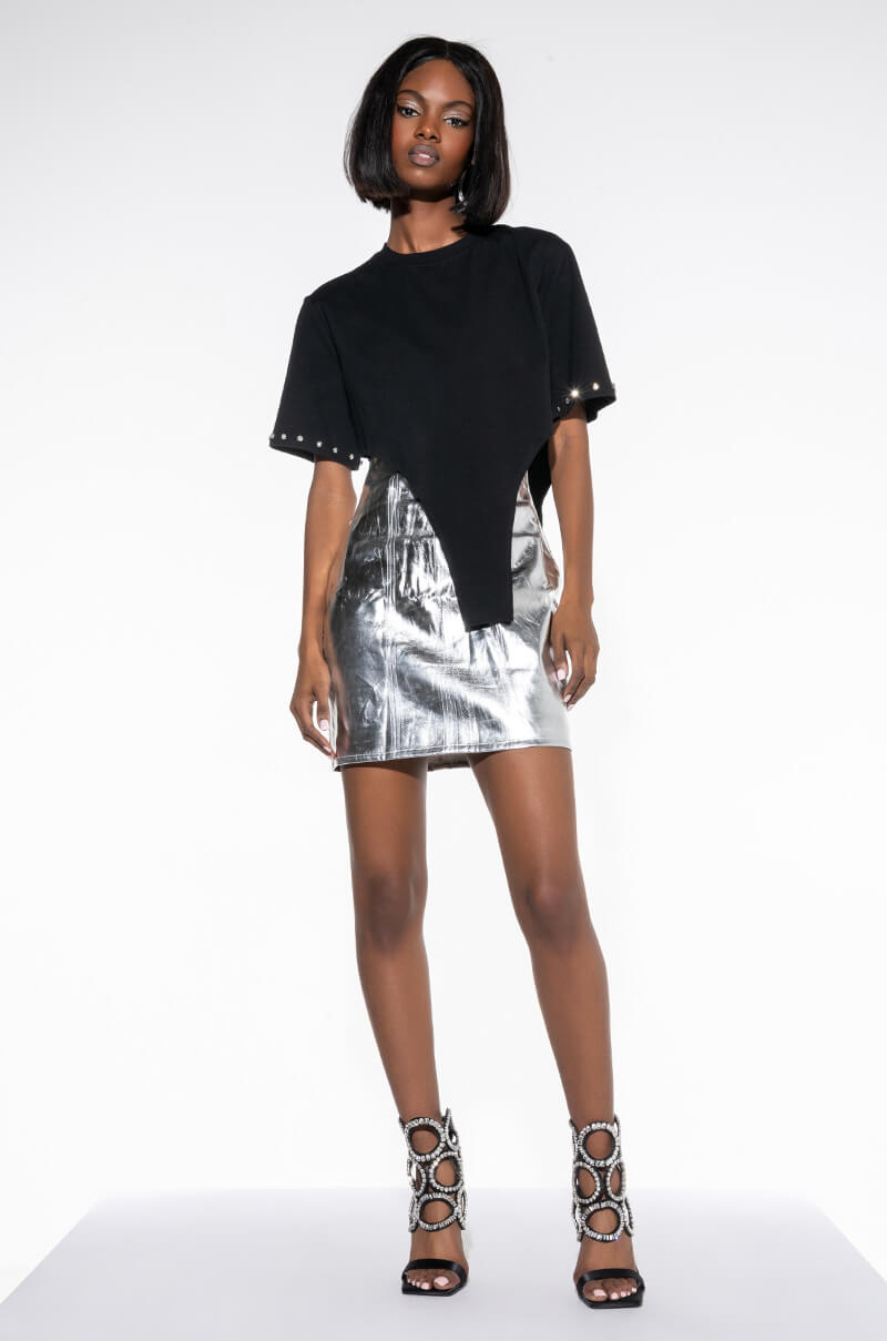 Side View Fired Up Embellished Sleeve Crew Neck T Shirt