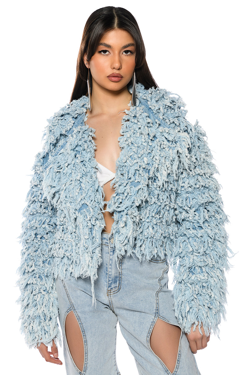 Front View First Class Fringe Denim Jacket