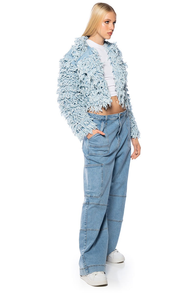 Back View First Class Fringe Denim Jacket