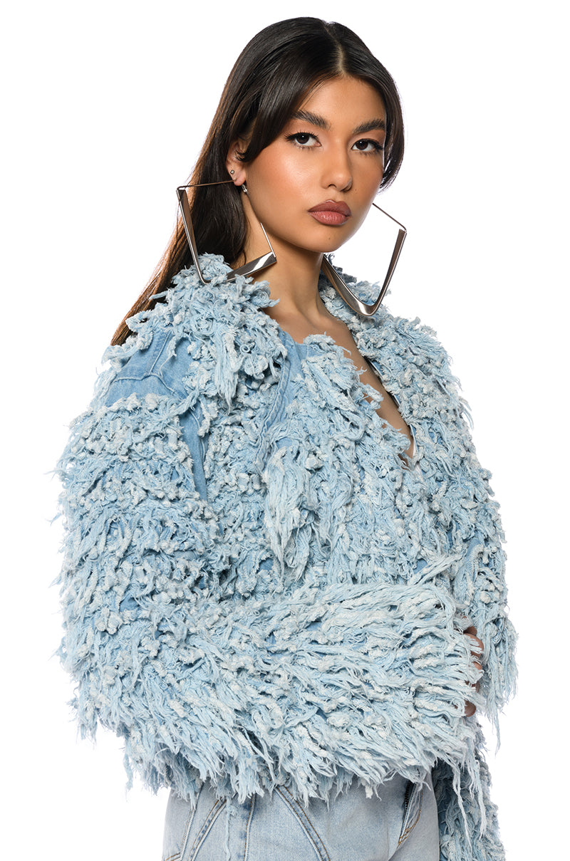 Back View First Class Fringe Denim Jacket