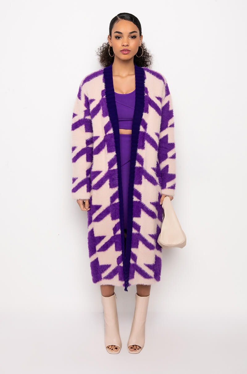 Back View First Place Oversized Houndstooth Cardigan