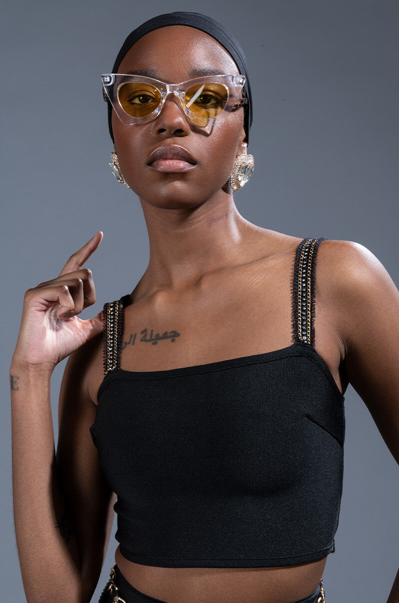 FIRST PLACE RHINESTONE TRIM BANDAGE CROP TOP view 0