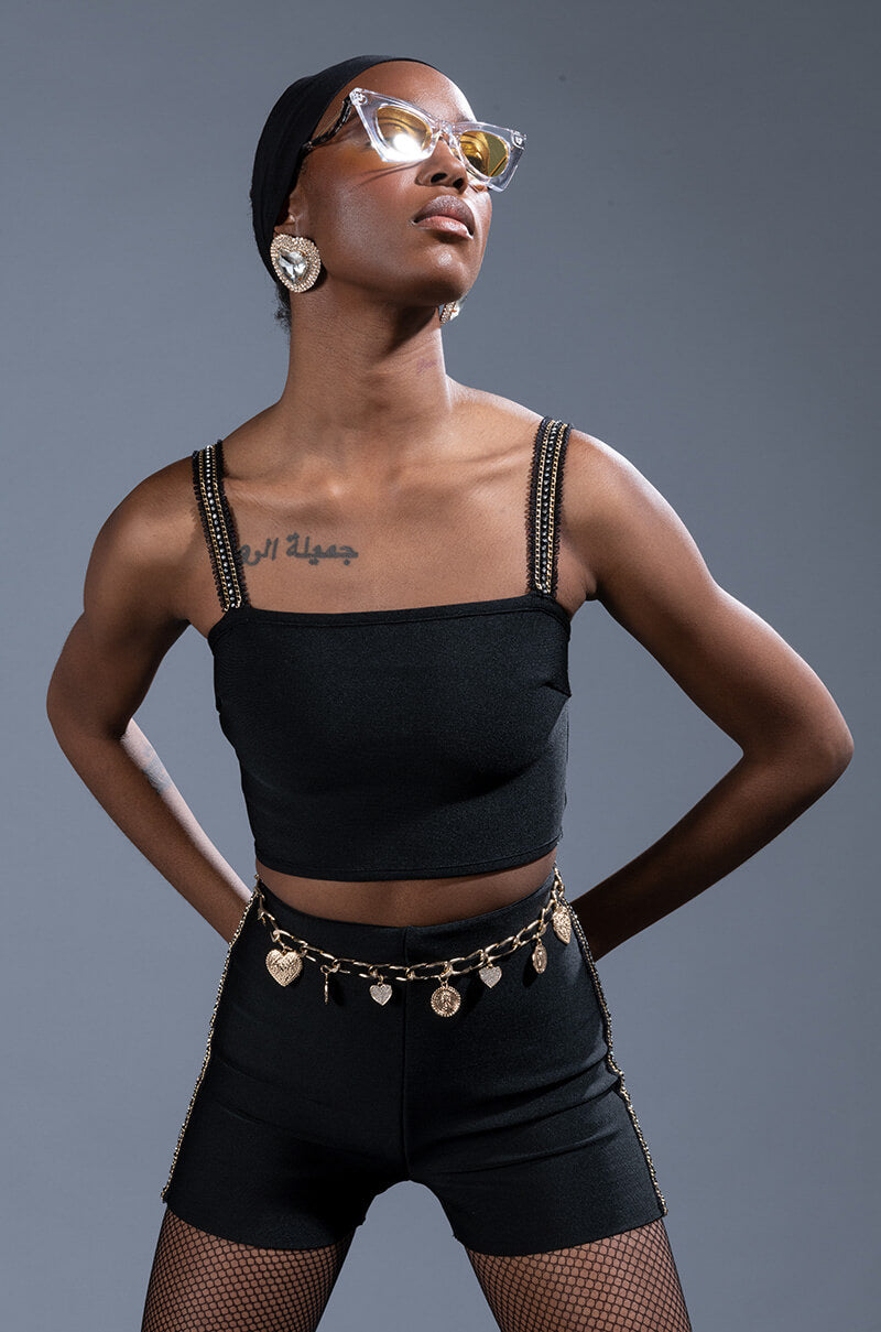 Side View First Place Rhinestone Trim Bandage Crop Top