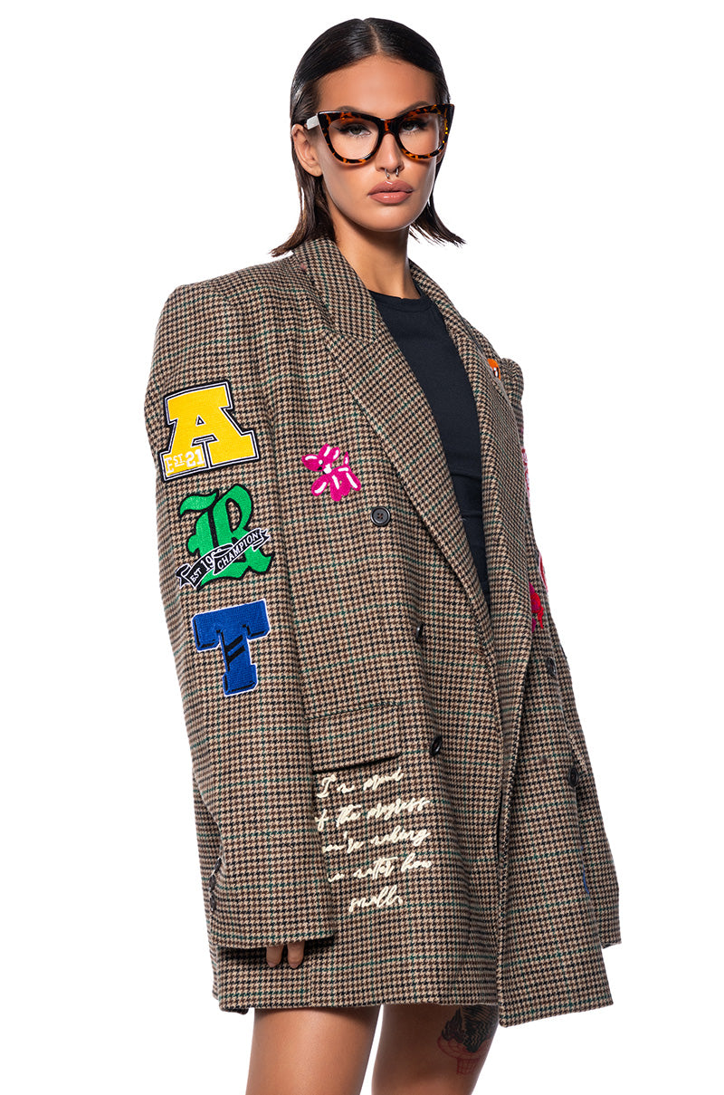 Front View First Row Casual Wool Plaid Blazer With Patches