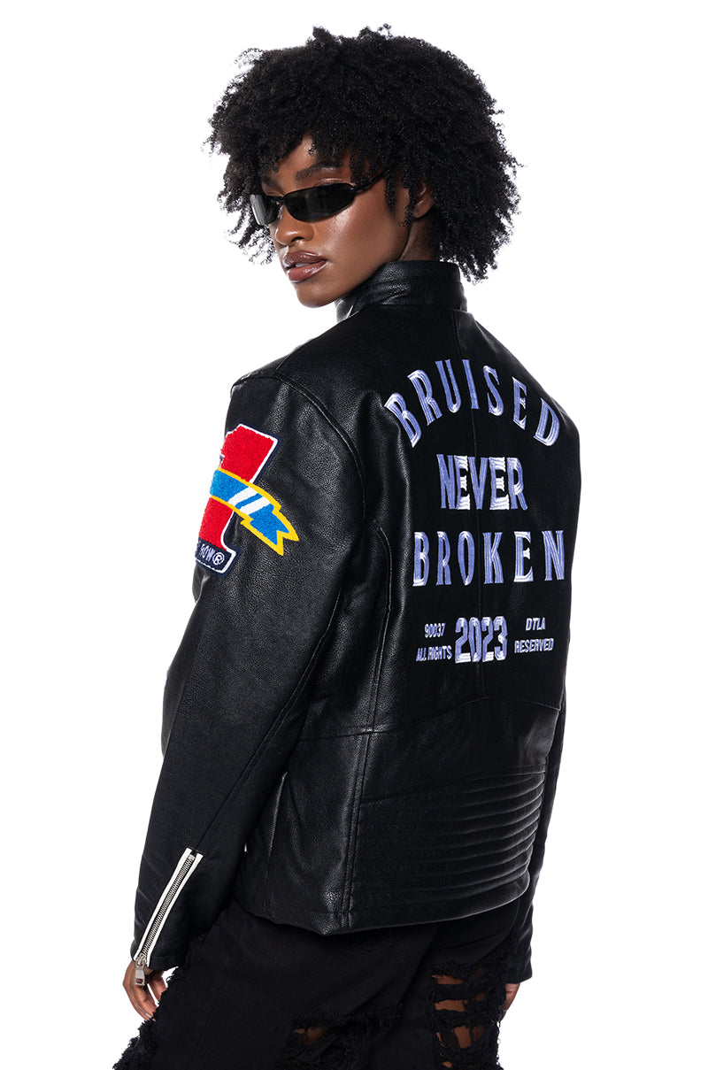 Side View First Row Oversized Faux Leather Moto Jacket