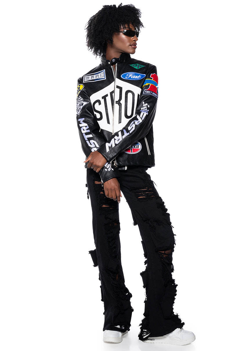 Back View First Row Oversized Faux Leather Moto Jacket