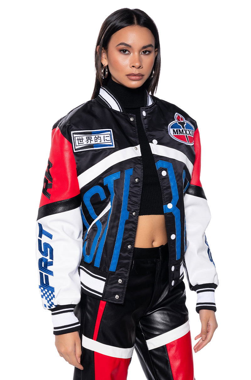 Side View First Row Oversized Faux Leather Racing Bomber