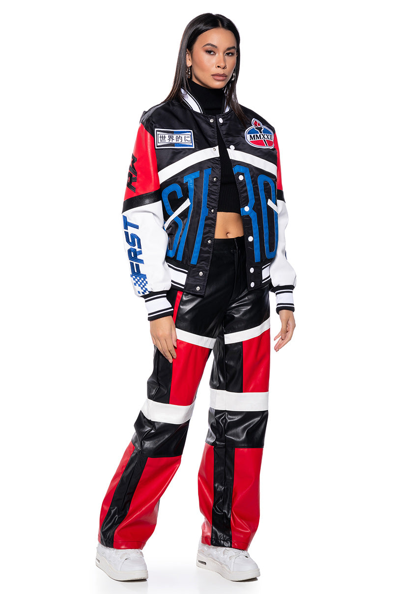 Back View First Row Oversized Faux Leather Racing Bomber